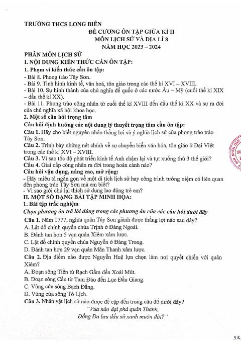 Đề cương ôn tập Giữa kì 2 Lịch sử và Địa lí 8 năm 2023–2024 trường THCS Long Biên (Hà Nội)